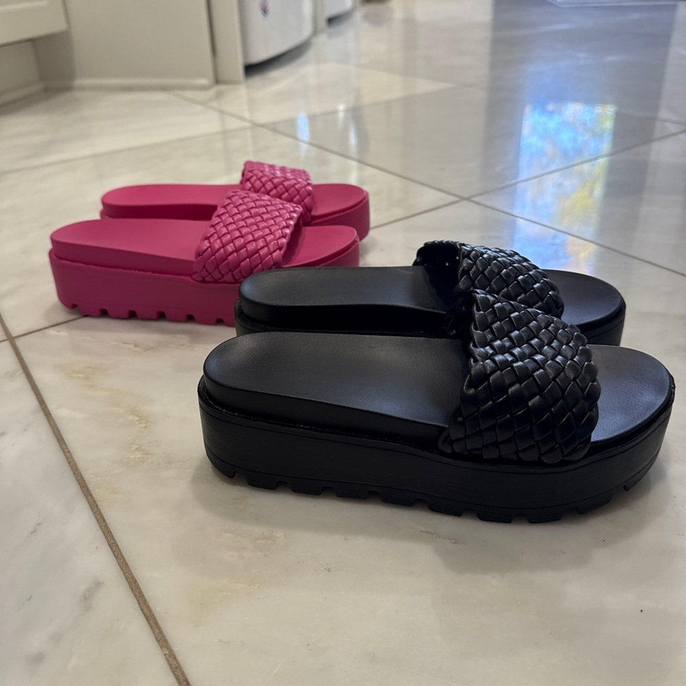 Woven Slide Sandals - Black & Hot Pink - Picture 2 of 4